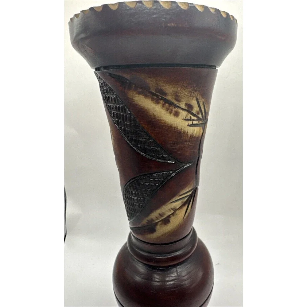 Vintage Hand Carved Wooden Etched Floral Vase  Bohemian 10 Inches